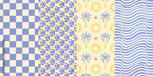 seamless pattern set with checkered abstract sun and wave motifs