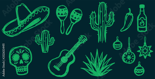 Mexican culture icons and symbols in green outline style.