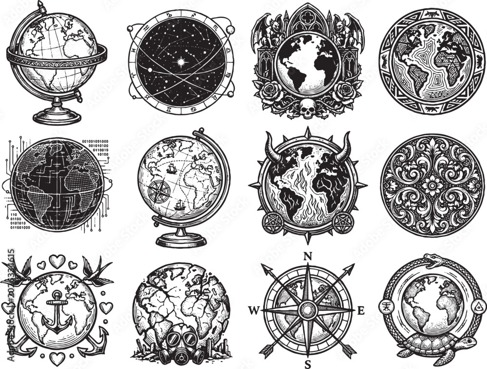Fototapeta premium A collection of vintage globes and compasses with nautical symbols illustrations.