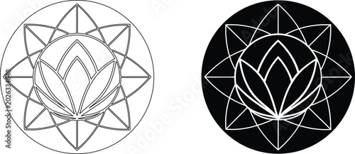 Tableau sur toile Black and white vector illustration of lotus flower mandala in a circle with transparent background