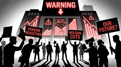 Protest against economic crisis, pension reduction, and welfare cuts silhouette of crowd with signs in front of a building with financial charts and warning signs