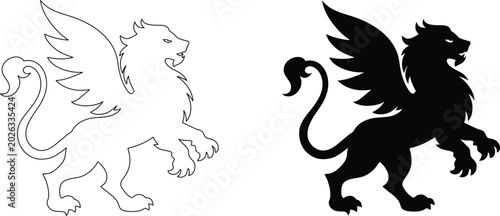 Quadro su tela Griffin heraldic symbol silhouette set for medieval mythology logo design and coat of arms