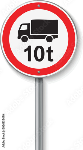 Truck weight limit road sign with ten tons restriction on white background