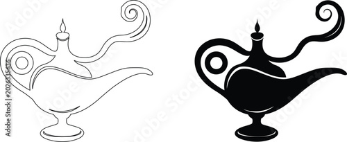 Magic genie lamp silhouette and outline vector graphics for fairytale and ancient stories.