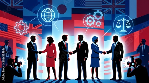 International diplomatic meeting and global cooperation concept business people shaking hands in front of world flags with icons of globalization, industry, and justice