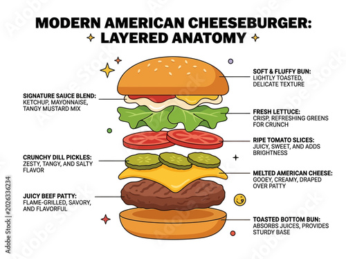 Exploded view infographic detailing the layered anatomy of a classic American burger, highlighting each ingredient for a culinary guide.