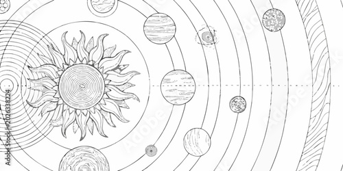 Foto solar system diagram black and white line art illustration