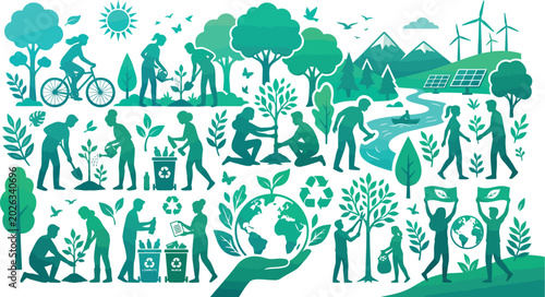 Green eco-friendly theme with silhouettes of people caring for nature wind turbine save earth environment sustainability silhouette gardening recycling mountain illustration conservation