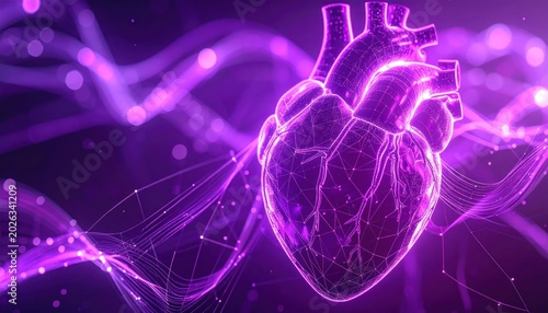 Glowing Digital Human Heart Floating in Abstract Purple Medical Network