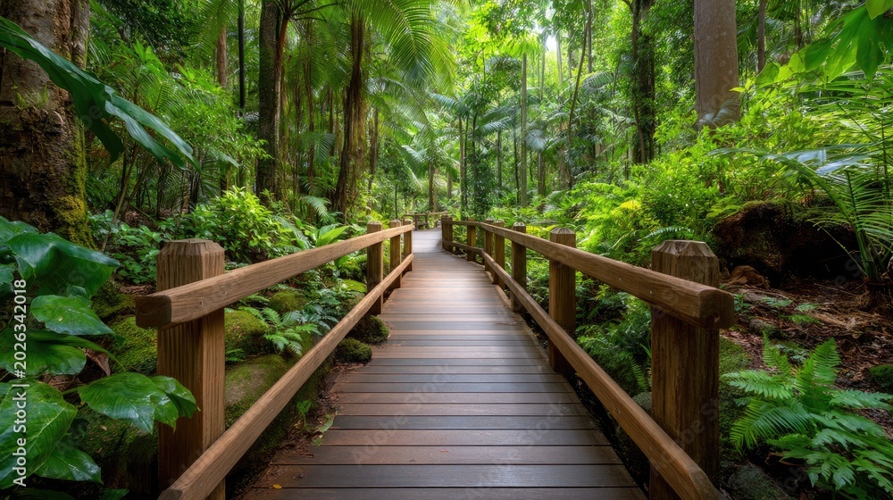 Obraz premium Serene Wooden Pathway Through Lush Green Tropical Forest Surrounded by Vibrant Foliage and Natural Landscape