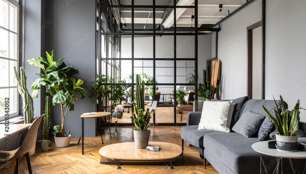 Fototapeta premium Modern living room interior with plants and gray couch in office space