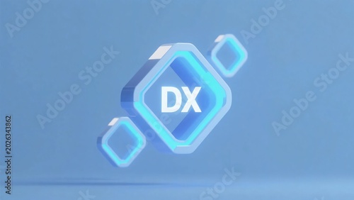 青い背景に浮かぶDXの立体文字と幾何学的なフレーム、デジタルトランスフォーメーションのコンセプトイメージ