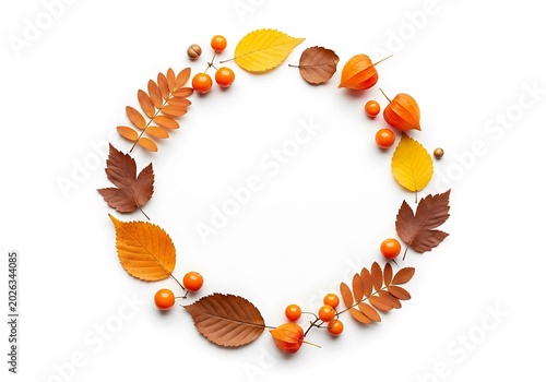 Colorful Autumn Leaves and Berries Arranged in Circular Wreath on White Background