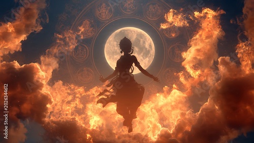 Woman dancing on clouds under moonlight.
