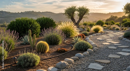 Serene Desert Garden Path Winding Through Succulent Landscape at Sunset