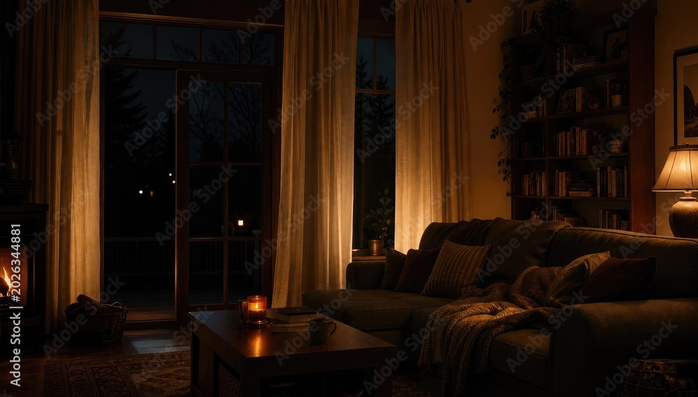 Fototapeta premium Cozy modern living room with warm candlelit ambiance, plush sofa draped in plaid throw, bookshelf with vintage books, fireplace glow, and soft curtain lighting for a serene evening retreat