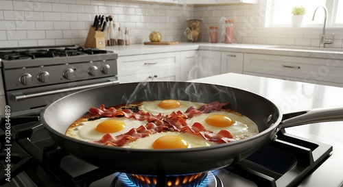 Sunny Side Up Eggs and Bacon Cooking in Black Skillet on Modern Kitchen Stove