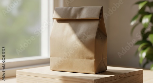 Brown Kraft Paper Bag Standing on Wooden Table Beside Sunlit Window