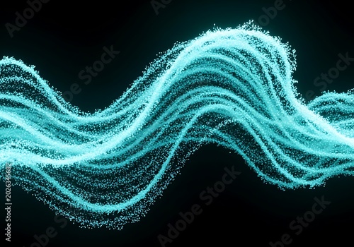 Glowing Turquoise Particle Wave Flowing Across Dark Abstract Background
