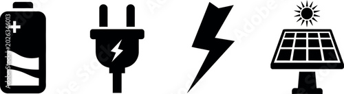 Renewable Energy Icons Set with Battery, Plug, Lightning Bolt and Solar Panel