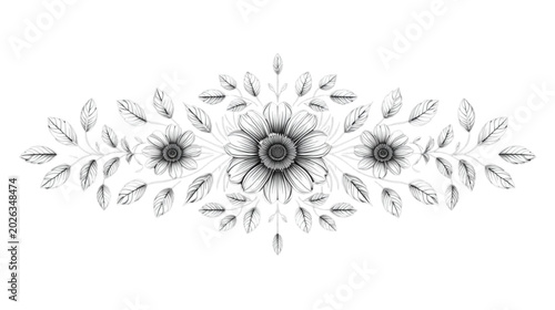 Floral Symmetry: An artistic black and white illustration showcases symmetrical floral patterns, featuring blooming flowers and delicate leaves.