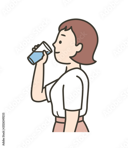 コップで水を飲む若い女性の上半身イラスト
