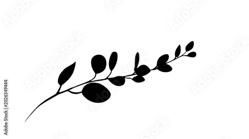 Minimalist Eucalyptus Branch Silhouette: A simple yet elegant silhouette of a eucalyptus branch, featuring rounded leaves, rendered in solid black against a clean white background.