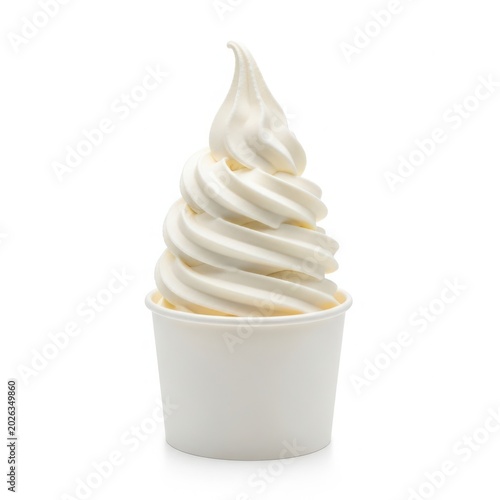 Delicious soft serve vanilla ice cream in a classic white paper cup with elegant swirls on top