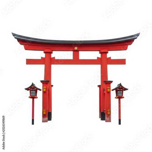 The iconic traditional torii gate paired with classic lanterns at a serene japanese shrine setting