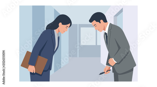 Businesspeople Bowing Respectfully in Formal Meeting.