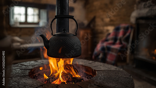 Smouldering Peat Fire in Stone Hearth of Restored Scottish Blackhouse with Cast-Iron Kettle, Highland Heritage, Traditional Living, Rural Cottage, Cosy Hearth, Embers