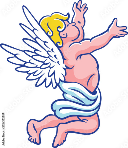 Canvastavla Cute cupid angel with white wings reaching upward while kneeling, isolated on wh