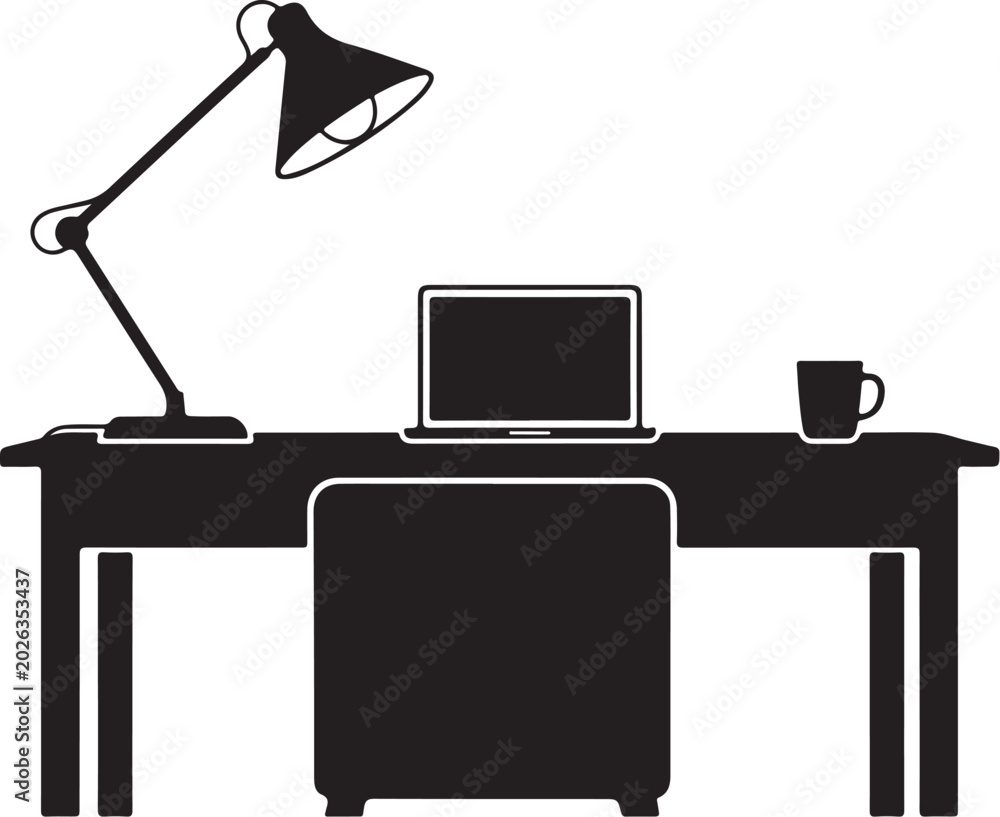 Fototapeta premium Black and white office workspace with desk lamp laptop