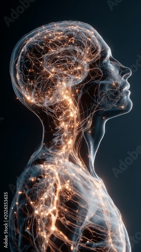 Double exposure of human body and brain with glowing neural lines, symbol of holistic health, 8k ultra detail, moody lighting, copy space