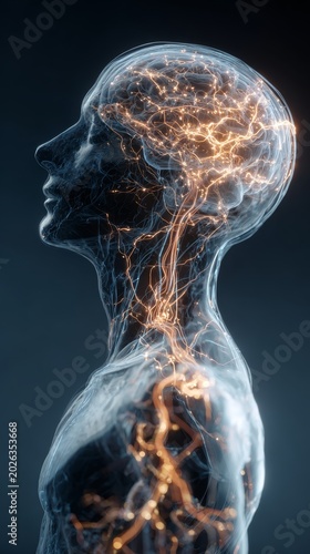 Double exposure of human body and brain with glowing neural lines, symbol of holistic health, 8k ultra detail, moody lighting, copy space