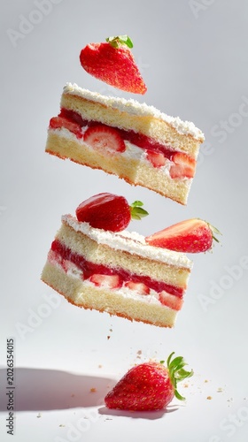 surreal floating 3 slices of Strawberry short cake layers, white background, stunning composition, beautiful food photography, minimalism, brightly lit