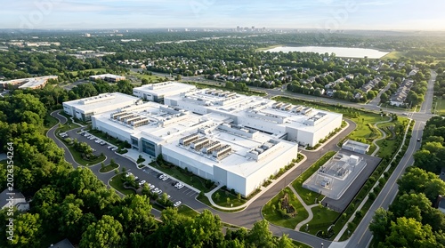 Aerial view of a modern industrial complex in a green suburban setting