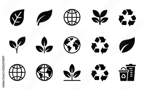 Set of 15 minimalist environment icons including leaves globe recycling symbols and eco friendly imagery in black silhouette style for sustainability concepts