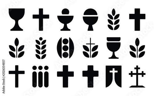 Obraz na płótnie Geometric corpus christi silhouette icon set with crosses and wheat symbols for