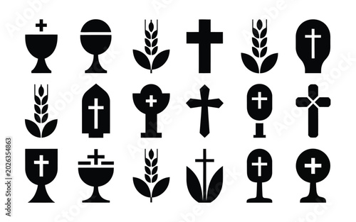 фотографія Geometric corpus christi silhouette icon set featuring crosses wheat stalks and
