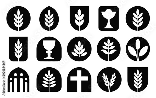 Schilderij op canvas Set of 15 corpus christi religious icon silhouettes featuring chalice cross whea