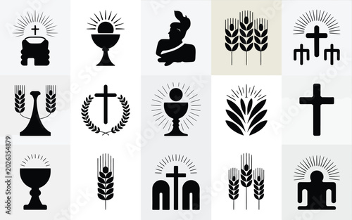Tableau sur toile Vintage inspired corpus christi silhouette icons set featuring religious symbols