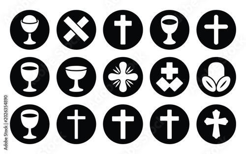 фотографія Minimalist black and white religious symbols including crosses chalices and flor