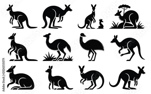 Photos Set of fifteen silhouette icons depicting various kangaroo and wallaby figures i