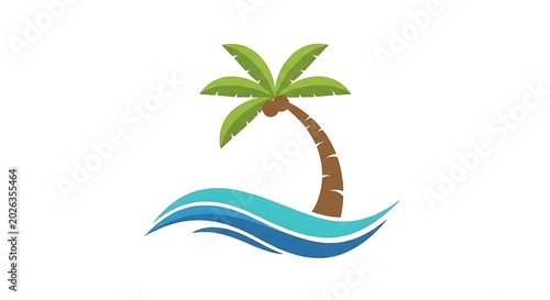 A simple green palm tree icon with blue ocean waves for summer vacation and travel design