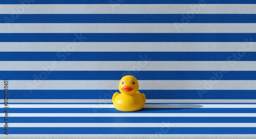 Bright yellow rubber duck sits on striped blue and white background, creating playful and cheerful atmosphere. simplicity of design enhances vibrant colors, evoking sense of fun and nostalgia