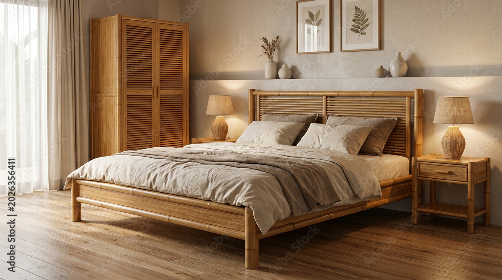 Obraz premium Elegant eco-friendly bedroom interior featuring a bamboo bed frame, matching wardrobe, nightstands with woven wicker lamps, and minimalist wall decor. 