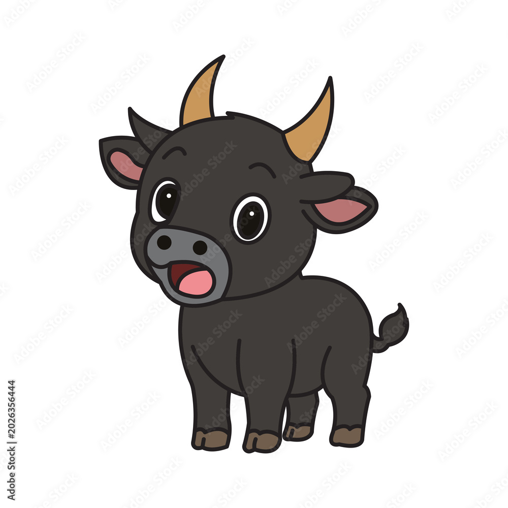 Fototapeta premium Cute buffalo cartoon vector icon with funny expressions and adorable farm animal character.