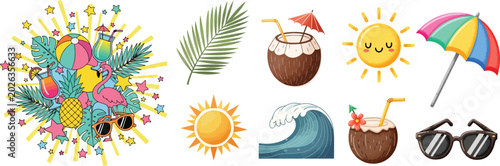Cute Summer Beach Elements and Tropical Vacation Clipart Vector Set