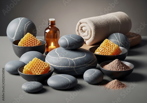 Spa Stones Honeycomb and Rolled Towel Arranged on Serene Wellness Table